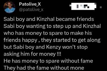 X post about sabi boy and Khinzal - Nigeria Gossip