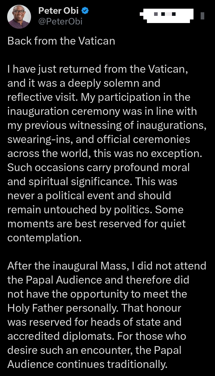 Peter Obi X post: not visit Vatican VVIP - Nigeria Gossip