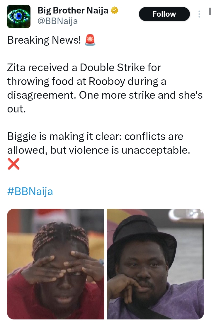 Big brother gives Zita 2 strikes